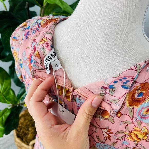 NWT WALTER BAKER FLORAL FITTED SMOCKED WAIST RUFFLE PINK PRIMROSE CHIFFON DRESS - Picture 7 of 8